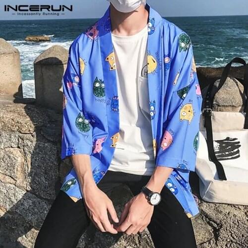 Man Fashion Cartoon Pattern Kimono Tops INCERUN Men Printed Shirts Loose 3/4 Sleeve Open Stitch Floral Blouse Spring Hombre 3XL