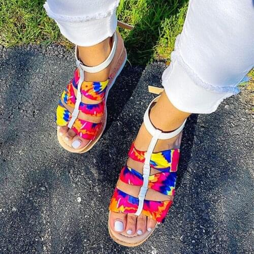 Women Mixed Color Platform Sandals Female Tie Tye Buckle Wedges Summer Casual Shoes Ladies Fashion Footwear Big Size 43