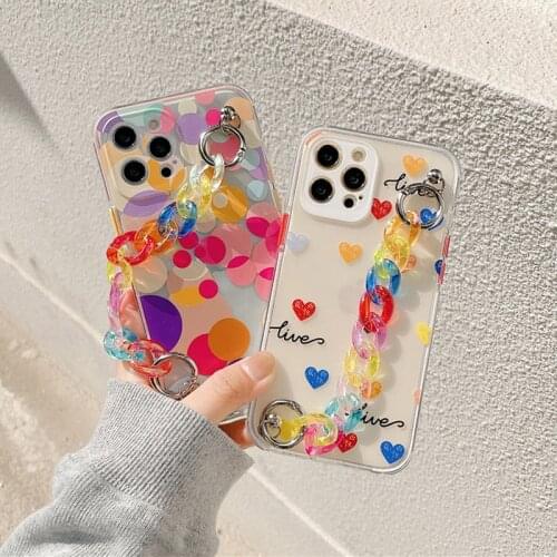 Colorful Chain Love Heart Bracelet Phone Case For iphone 12 Mini 11 Pro XS Max XR 7 8 Plus SE 2020 Slicone Soft Back Cover Shell
