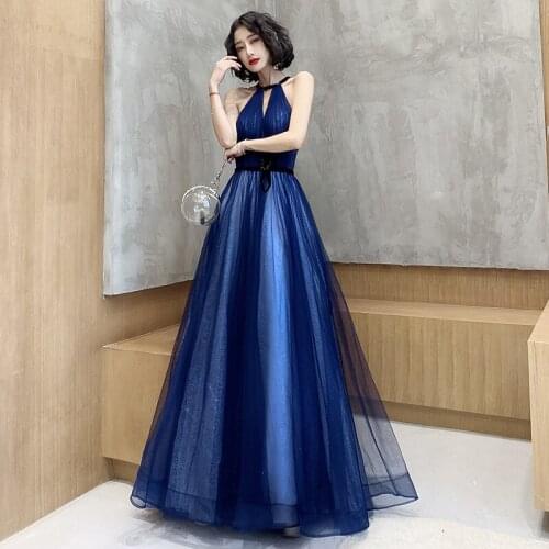 Blue Evening Dress 2020 New Summer Banquet Party Dress a Line Halter Sexy Backless a Line Evening Gowns Floor Length