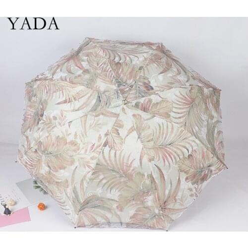 YADA Lace Princess Leaves Pattern Umbrellas Rain UV Three Folding Umbrella For Girl Women Windproof Umbrellas Female YS200196