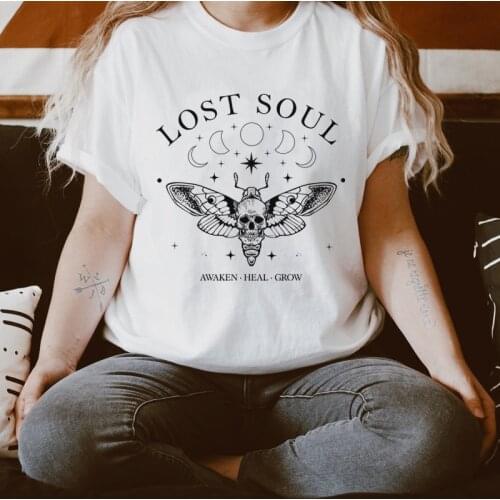 Kuakuayu HJN Skull Moth Moon Phase T-Shirt Witch Shirt Women Short Sleeve Aesthetic Gothic T Shirt Vintage Celestial Graphic Tee