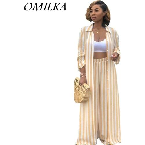 OMILKA 2018 Summer Women Long Sleeve Striped Printed Shirts and Wide Leg Pant Set Casual Loose Plus Size 2 Piece Clothing Set