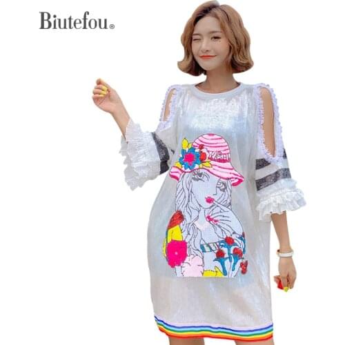 2021 Summer Cartoon Sequins Off Shoulder Fashion Hollow Out Women Dresses