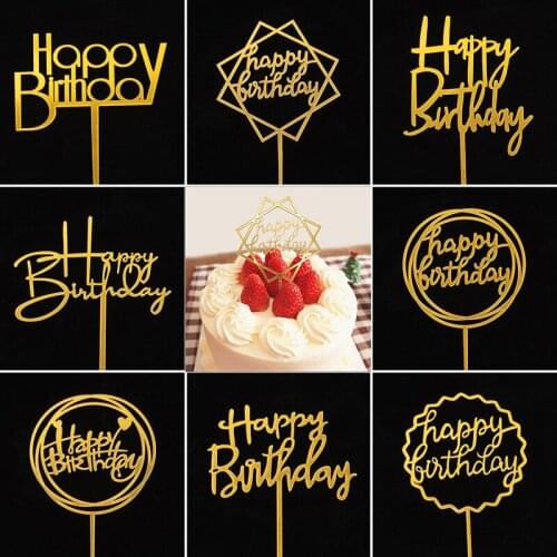 10pcs/pack Happy Birthday Cake Topper Acrylic Gold Cupcake Topper Cake Toppers Party Insert Card Decoration Supplies Bakeware