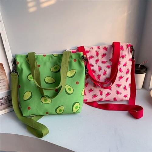 Large Capacity Totes Korean Style Canvas Messenger Shoulder Bag Shopping Bags Fashion Sweet Fruit Print Handbag