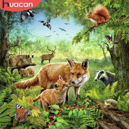 HUACAN Full Square/Round Diamond Painting Fox DIY 5D Diamond Embroidery Animal Mosaic Forest Home Decor Craft Kit