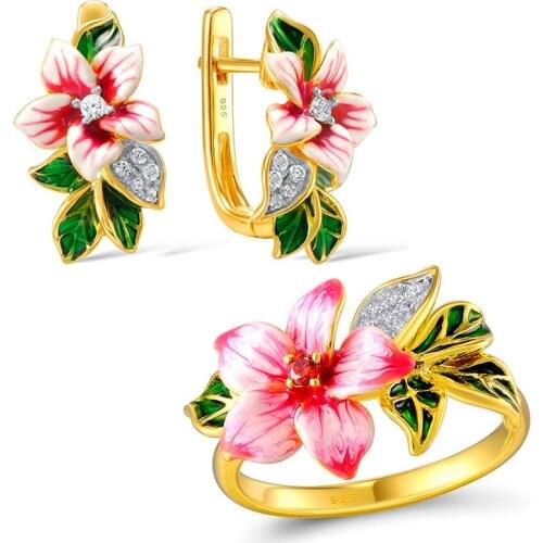 Cute Female Crystal Flower Jewelry Set Charm Silver Color Wedding Clip Earrings For Women Boho Pink Green Enamel Engagement Ring