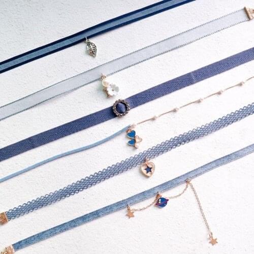 New Lady girls Variety Of Blue Lace Stars Pearl Pendant choker heart-shape Short Clavicle Chain Gothic Jewelry Necklace