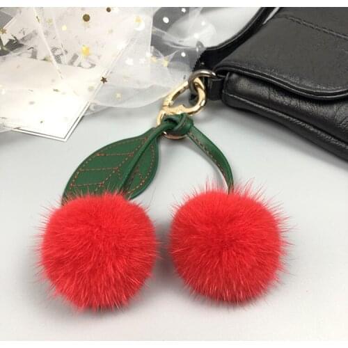 Wholesale imported real mink fur cherry key chain red blue pink white genuine mink fur pom pom handbag pendant plush fur jewelry