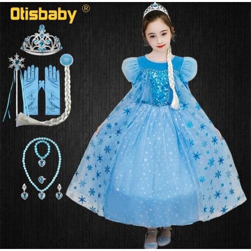 Princess Elsa Dress with Snowflake Long Tail High Quality Winter Long Sleeve Velvet Dresses for Girls New Year Fairy Costume