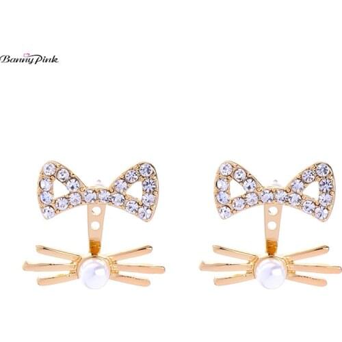 Banny Pink Cute Crystal Kitty Stud Earrings For Girls Sweet Rhinestone Cat Post Earrings Lovely Crystal Black Bowknot Earrings