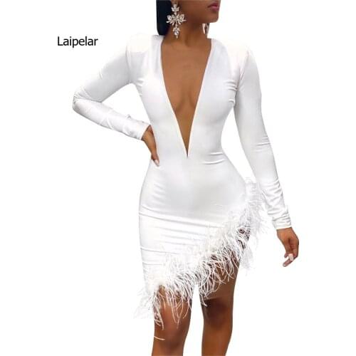 Deep V-Neck Mesh Dress Women Sexy Hollow Out Long Sleeve Mini Dress Feather Tassel Slit Elegant Party Dress