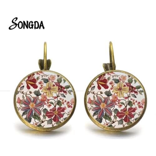 Mandala Chrysanthemum Art Earrings Bronze Plated Flowers Picture Henna Yoga Glass Handmade Earrings Indian Style Jewelry
