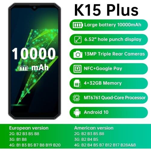 OUKITEL K15 Plus 10000mAh NFC Smartphone 6.52" Android 10.0 Face ID Unlock 3GB RAM 32GB ROM 13MP Triple Cameras Mobile Phone