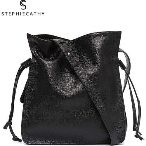 SC Fashion Leather Bucket Handbag For Women Crossbody&Messenger Hobo Ladies Luxury Shoulder Bag Drawstring Snap Real Leather Bag