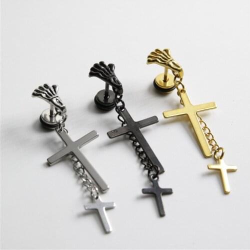 Unisex Stainless Steel Drop Dangle Earrings Personality Skull Palm Chain Cross Long Earrings for Men Women Punk Earrings Jewelry