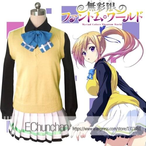 Japanese Anime Myriad Colors Phantom World kawakami mai cosplay costume with wig(Yellow sweater+Black shirt+skirt+Blue tie)