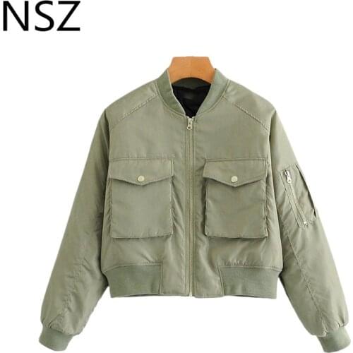 NSZ Women Oversized Winter Bomber Jacket Padded Coat Moto Biker Pilot Crop Top Large Size Femme Parkas Outerwear Military Green