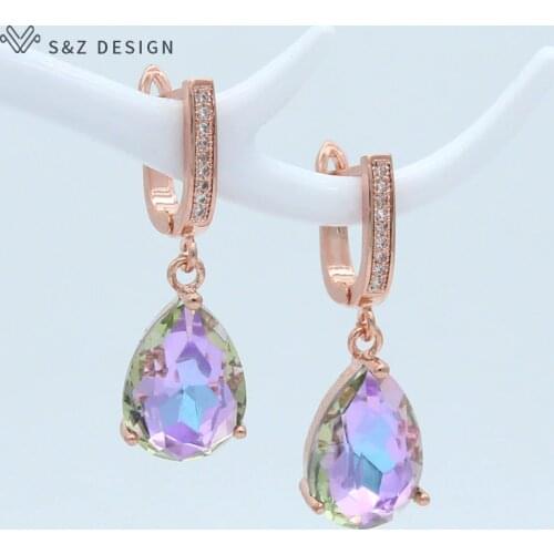 S&Z DESIGN Korean Fashion Luxury Water Drop Crystal 585 Rose Gold Dangle Earrings For Women Wedding Engagement Elegant Jewelry