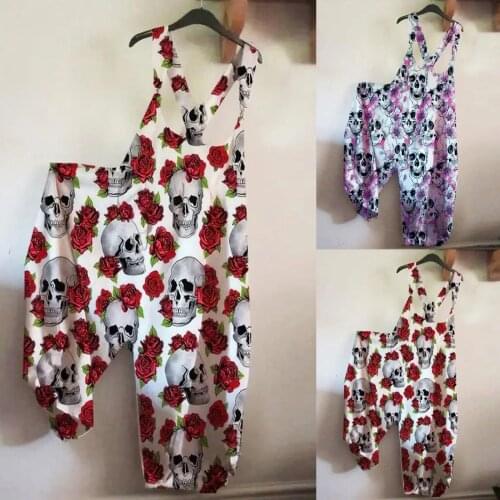 Fashion Skull Rose Print Jump Suit Women O-Neck Overalls Bodysuit Button Wide Leg Romper Playsuit Casual Loose Long Jumpsuit