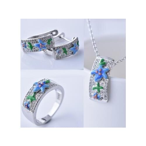 Ladies Elegant Blue Enamel Bloom Flower Silver Jewelry Sets Dazzling Cubic Zirconia Ring Earrings Pendant Necklace Wedding Set