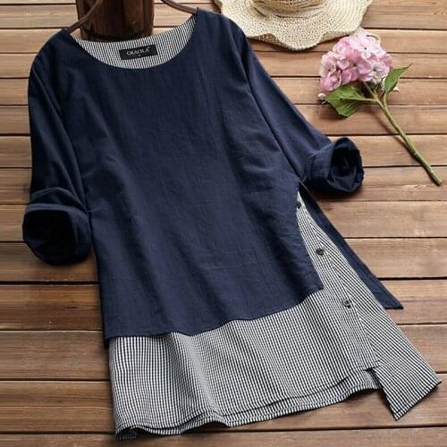 Women Plus Size Linen Dress Long Sleeve Casual Loose Dress Ladies Fake Two Pieces Short Dresses Irregular Tunic Striped Dresses