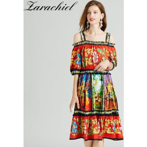 Women Summer Runway Edible Tree Fungus Holiday Spaghetti Strap Slash Neck Elastic Flowers Figure Print Elegant Midi Dresses