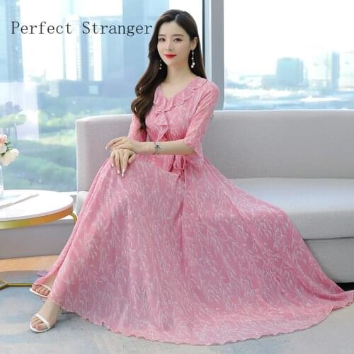 High Quality 2021 Summer Dress For Women V Collar Floral Printed Ruffles Short Sleeve Women Chiffon Long Dress