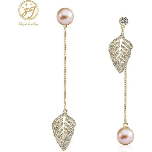 Zhijia new trendy creative asymmetry rhinestone leaf pearl stud earrings for women party jewelry gifts