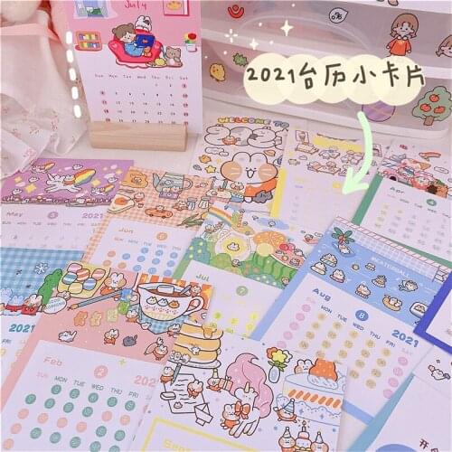 2021 Mini Bread Girl Desk Calendar Lovely Cartoon Rabbits Portable Table Calendar Sticker Girl Notepad Wall Sticker