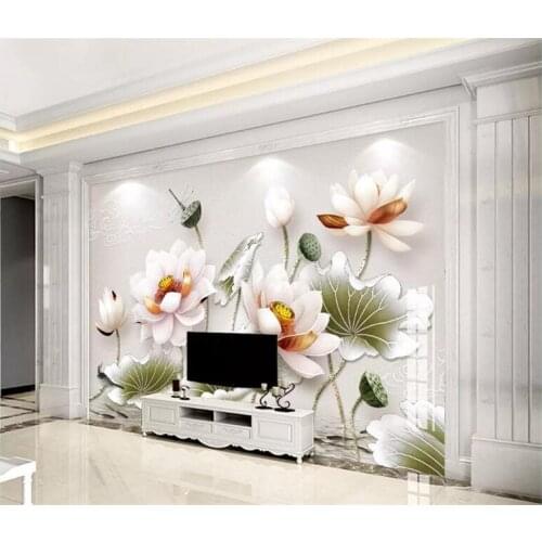 Papel de pared 3D relief lotus vintage watercolor lotus leaf wallpaper mural for living room sofa TV wall bedroom kitchen cafe