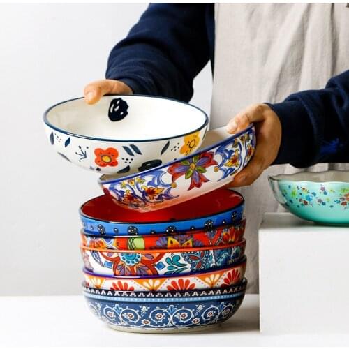 8inches European Round Salad Soup Plate Hand-Painted Ceramic Tableware Pastoral Style Home Meal Dinner Plate