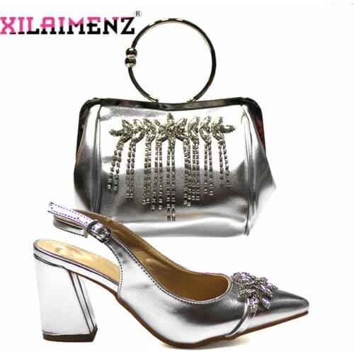 African Buckle Strap Sandals Shoes and Bag Set in Silver Color with Shinning Crystal High Quality Pointed Toe Shoes and Bag