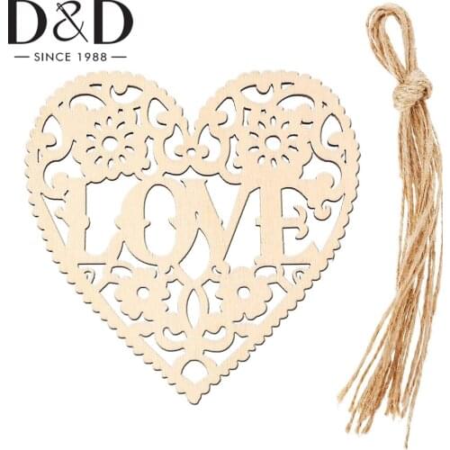 D&D 10pcs 80MM Valentines Day Wooden Ornaments Heart Round Wood Slices LOVE-Letter Design With Cords Holiday Banquet Decoration