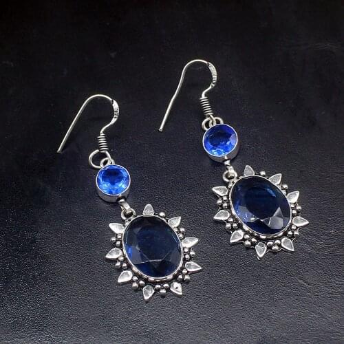 Gemstonefactory Big Promotion Unique 925 Silver Antique Jewelry Blue Topaz Women Ladies Gifts Dangle Drop Earrings 20211854