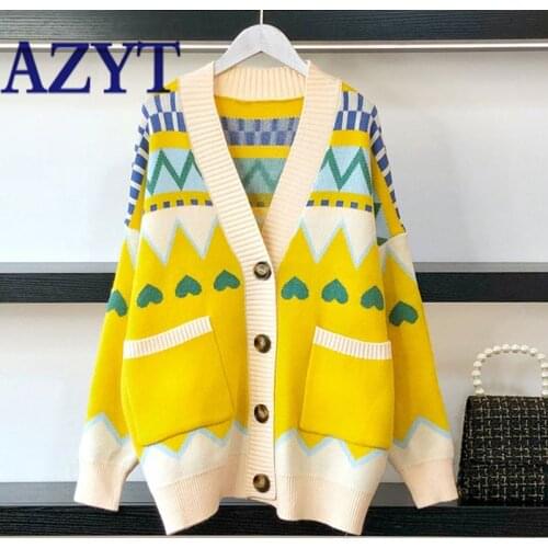 AZYT Korean Loose Knitted Cardigan Female Jacket Single-Breasted V Neck Woman Sweaters Coat Casual Oversize Cardigan Mujer