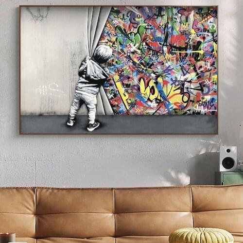Modern Trend Street Art Canvas Painting Kids Lover Behind The Curtain Graffiti Art Painitngs On The Wall Art Posters and Prints
