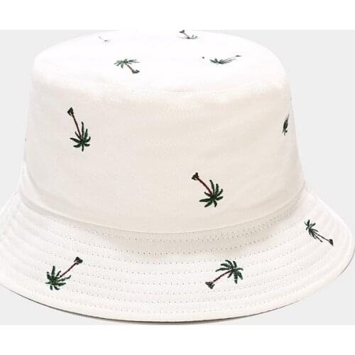 2021 New Trendy Coconut Tree Embroidered Fisherman Hat for Men and Women Outdoor Leisure Sun Protection Sunshade Cap