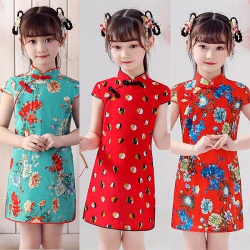 Chinese Traditional Clothes Summer Children Girl Cheongsam Dress Print Short Sleeve Cotton Performance Clothing Girls Qipao