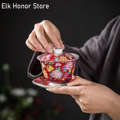160ml Jingdezhen Beautiful Jade Ceramic Tea Tureen Overglaze Color Flower Tea Tureen Kung Fu Tea Wedding Tea Set Decoration