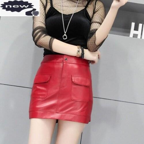 Red Womens Sheepskin Genuine Slim Fit Punk Pockets Wrap Short High Quality Leather Motorcyle Shorts Skirts