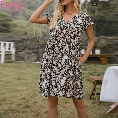 Flokocloset Summer V-Neck Floral Print Short Puff Sleeve Mini Dress Causal Vintage Pockets Party A-LINE Sundress