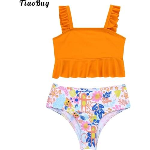 TiaoBug Summer 2Pcs Kids Girls Swimwear Swimsuit Square Neck Fly Sleeve Ruffle Crop Top And Bottom Bathing Beach Tankini Suit