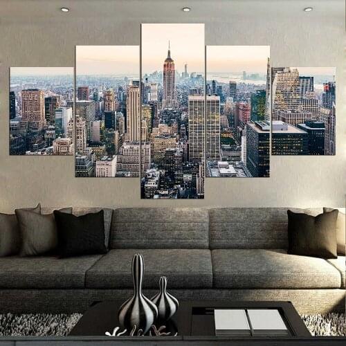 Manhattan Usa 5 Piece Modern New York City Skyscrapers Landscape Skyline Cityscape Painting In Canvas Home Decor Wall Art Poster