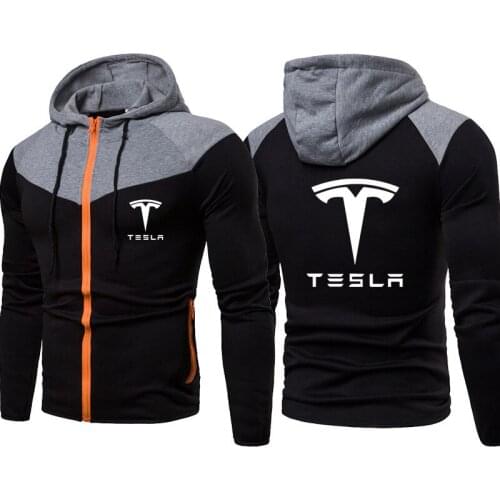 Fashion casual Men Hooded Jacket Tesla car logo print Stitching color Mens Zip Jacket Fleece cotton clothing