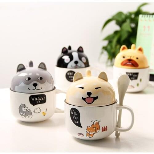 350ml Cartoon Ceramics Mug Kawaii Shiba Inu Mug Cute With Lid and Spoon Coffee Milk Tea Mugs Breakfast Cups Drinkware Gifts