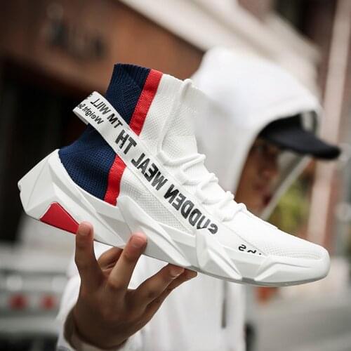 High-top Lace-up Socks Shoes Mesh Flying Woven Breathable Sneakers 2021 New Fashion Comfortable Color Matching Running Shoes Men