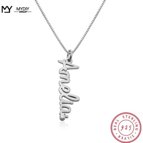 MYDIY 925 Sterling Silver Shiny Full Zircon Personalized Vertical Cursive Nameplate Necklaces Pendants Customize Name Necklaces