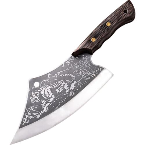Chopper Cleaver Knife Tiger Picture Blade Wooden Handle Stainless Steel Knives Meat Slaughter Chopping Butcher Cooking Tools